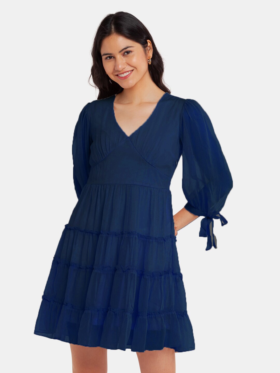 

Zink London Tiered V-Neck Puff Sleeves Fit and Flare Mini Dress, Navy blue