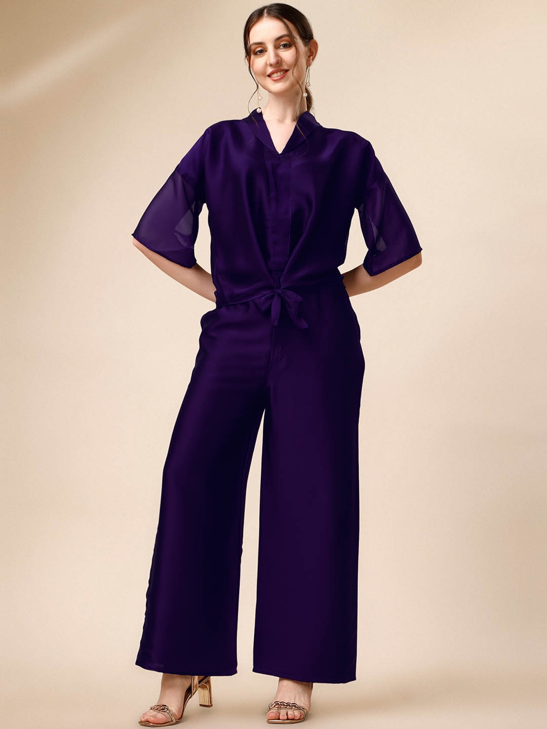 

Vaidehi Fashion Collar Neck Pure Silk Shirt & Trousers Co-Ords, Purple