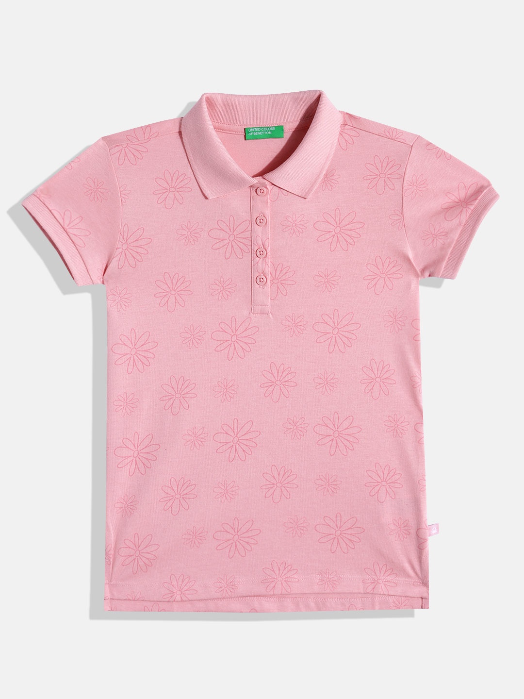 

United Colors of Benetton Girls Floral Printed Polo Collar T-shirt, Pink