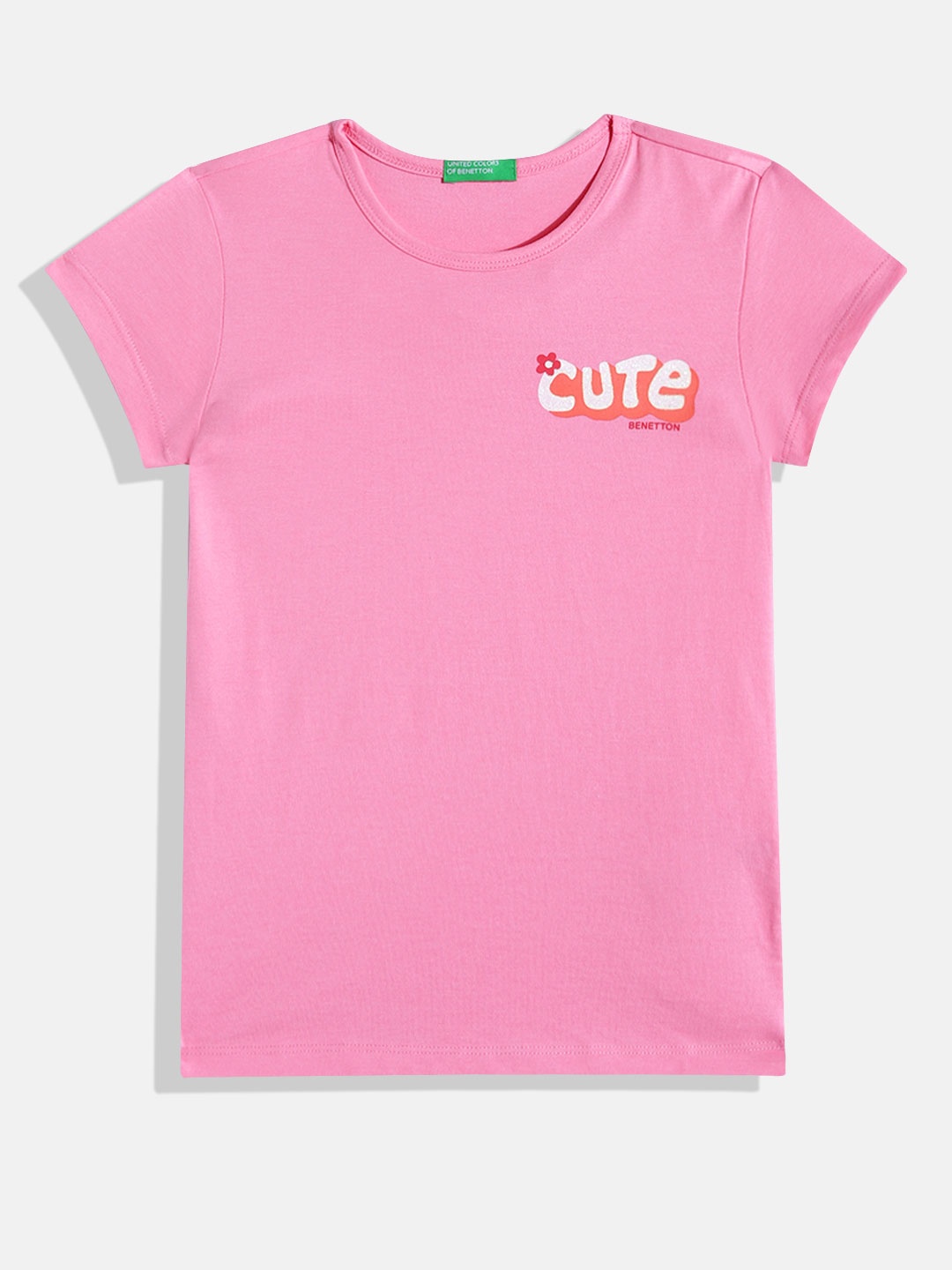 

United Colors of Benetton Girls Typography Printed Detail Round Neck T-shirt, Pink