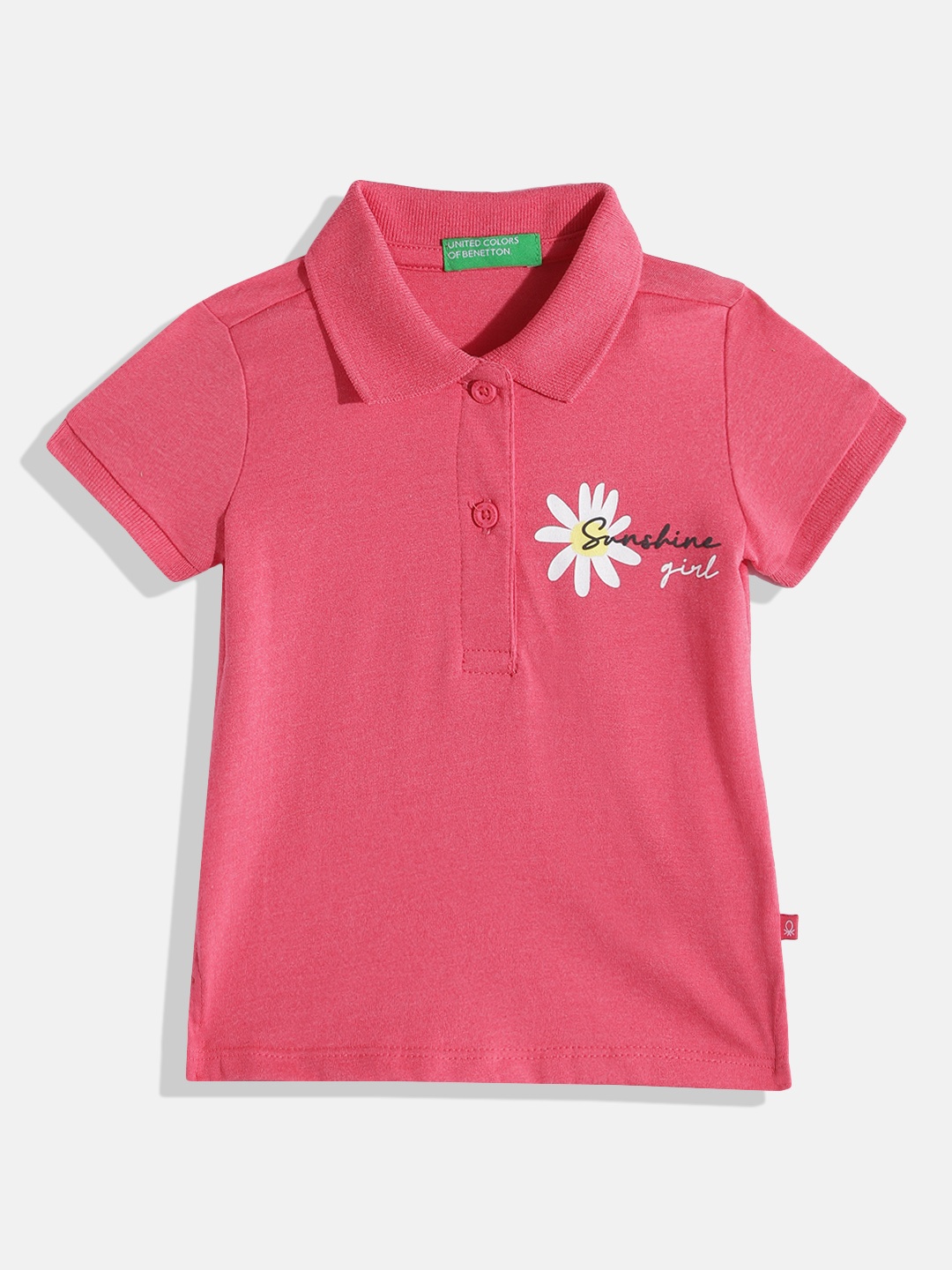 

United Colors of Benetton Girls Floral Graphic Printed Polo Collar T-shirt, Fuchsia