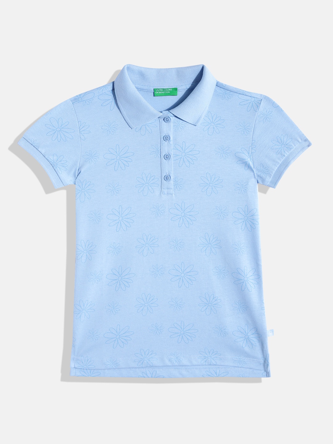 

United Colors of Benetton Girls Floral Printed Polo Collar T-shirt, Blue