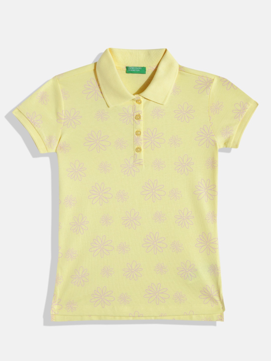

United Colors of Benetton Girls Floral Printed Polo Collar T-shirt, Yellow
