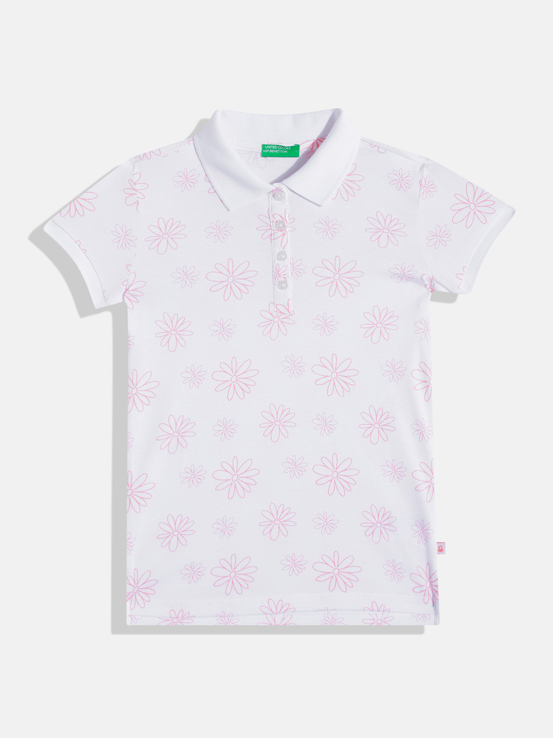 

United Colors of Benetton Girls Floral Printed Polo Collar T-shirt, White