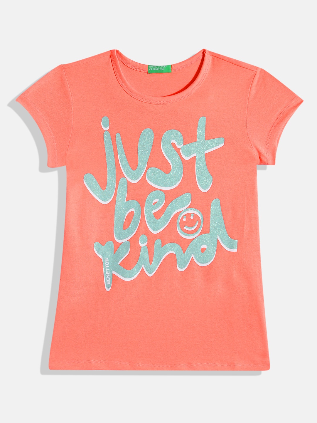 

United Colors of Benetton Girls Typography Printed Round Neck T-shirt, Coral