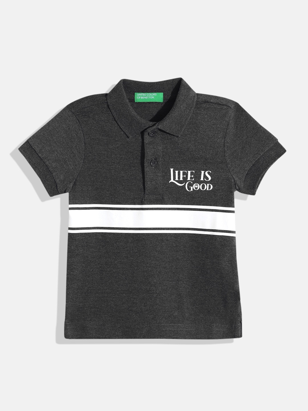 

United Colors of Benetton Boys Striped Polo Collar T-shirt, Charcoal