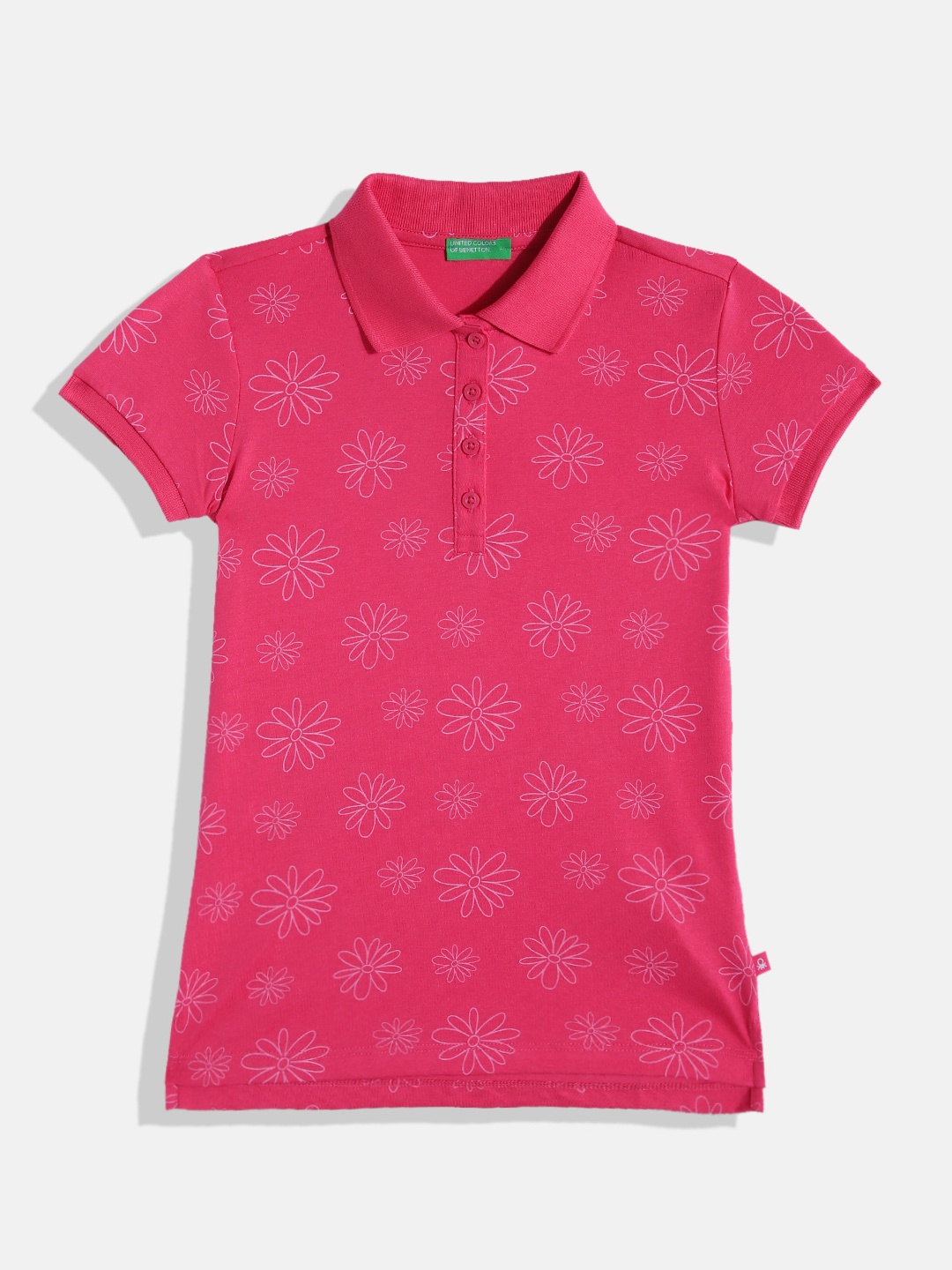 

United Colors of Benetton Girls Floral Printed Polo Collar T-shirt, Fuchsia