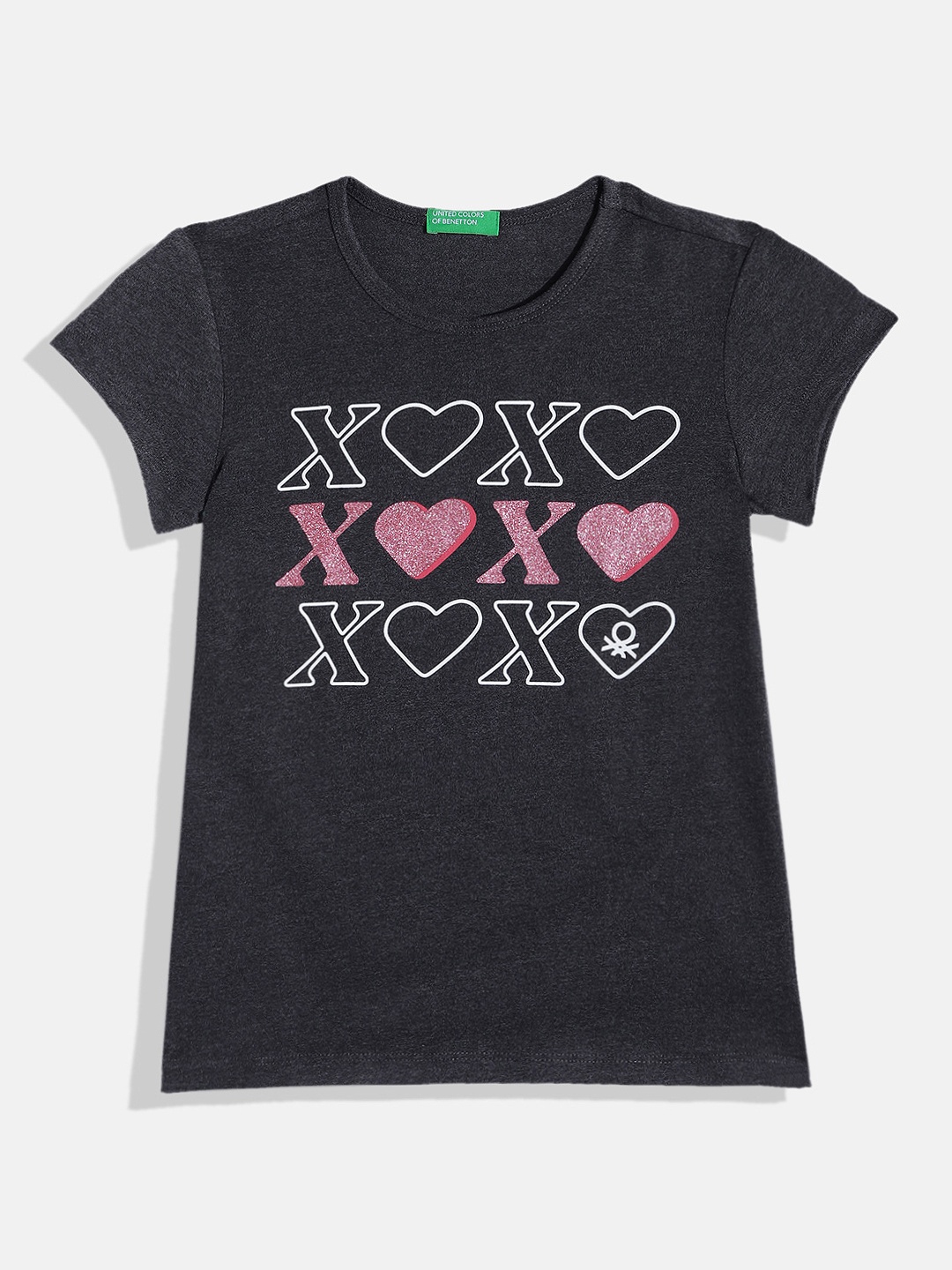 United Colors of Benetton Girls Round Neck Printed T-shirt, Black