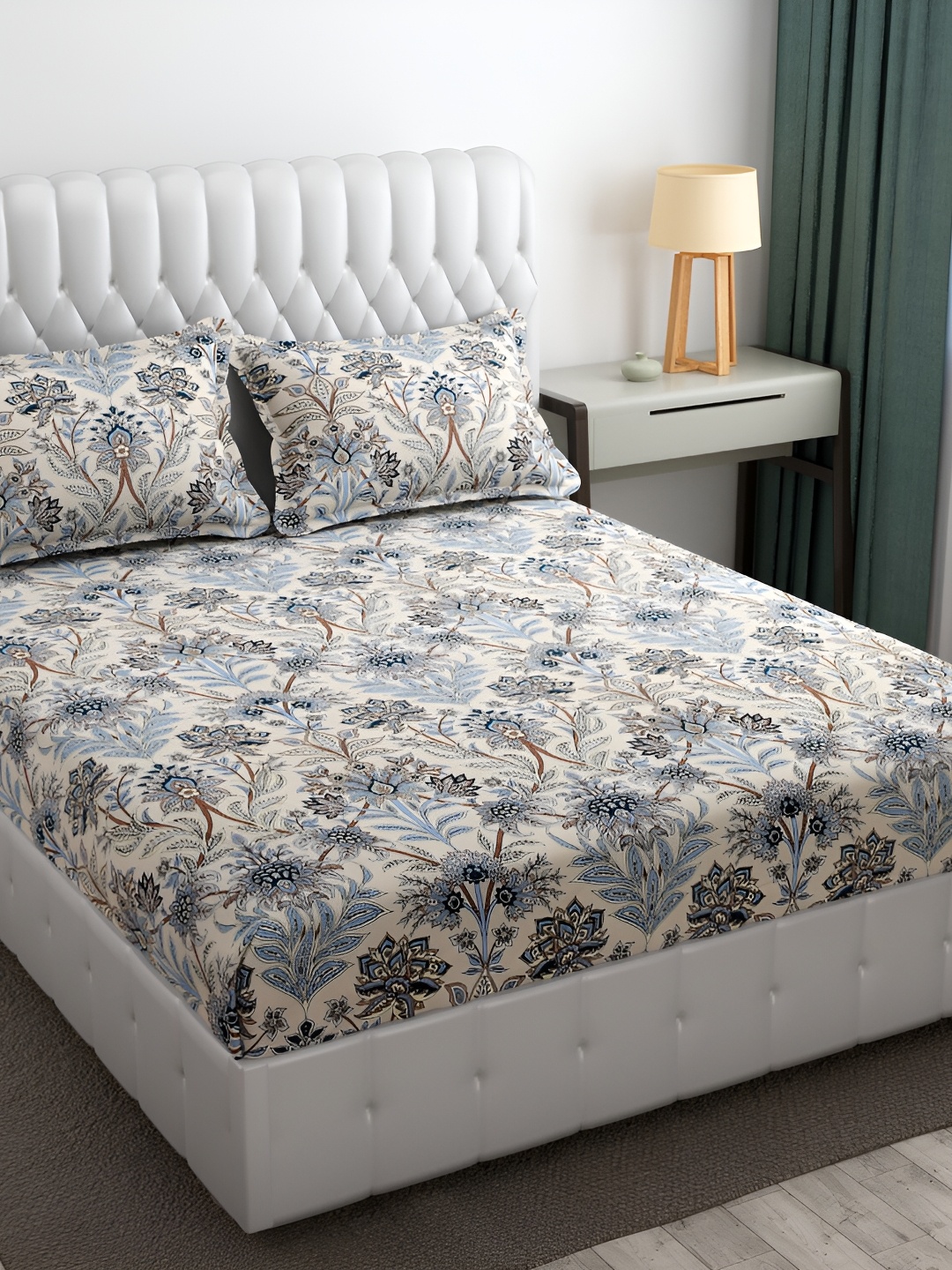

Furnistitchs Brown & Blue Floral 300 TC King Fitted Bedsheet with 2 Pillow Covers
