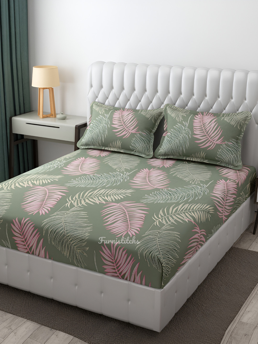

Furnistitchs Green & Pink Floral 300 TC King Fitted Bedsheet with 2 Pillow Covers