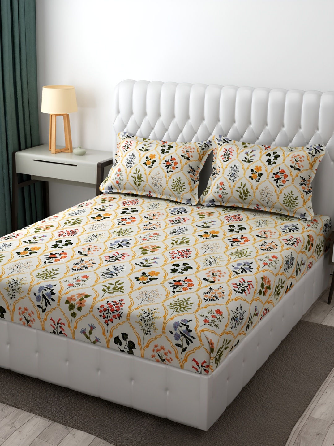 

Furnistitchs Off White & Yellow Floral 300 TC Fitted King Bedsheet With 2 Pillow Covers
