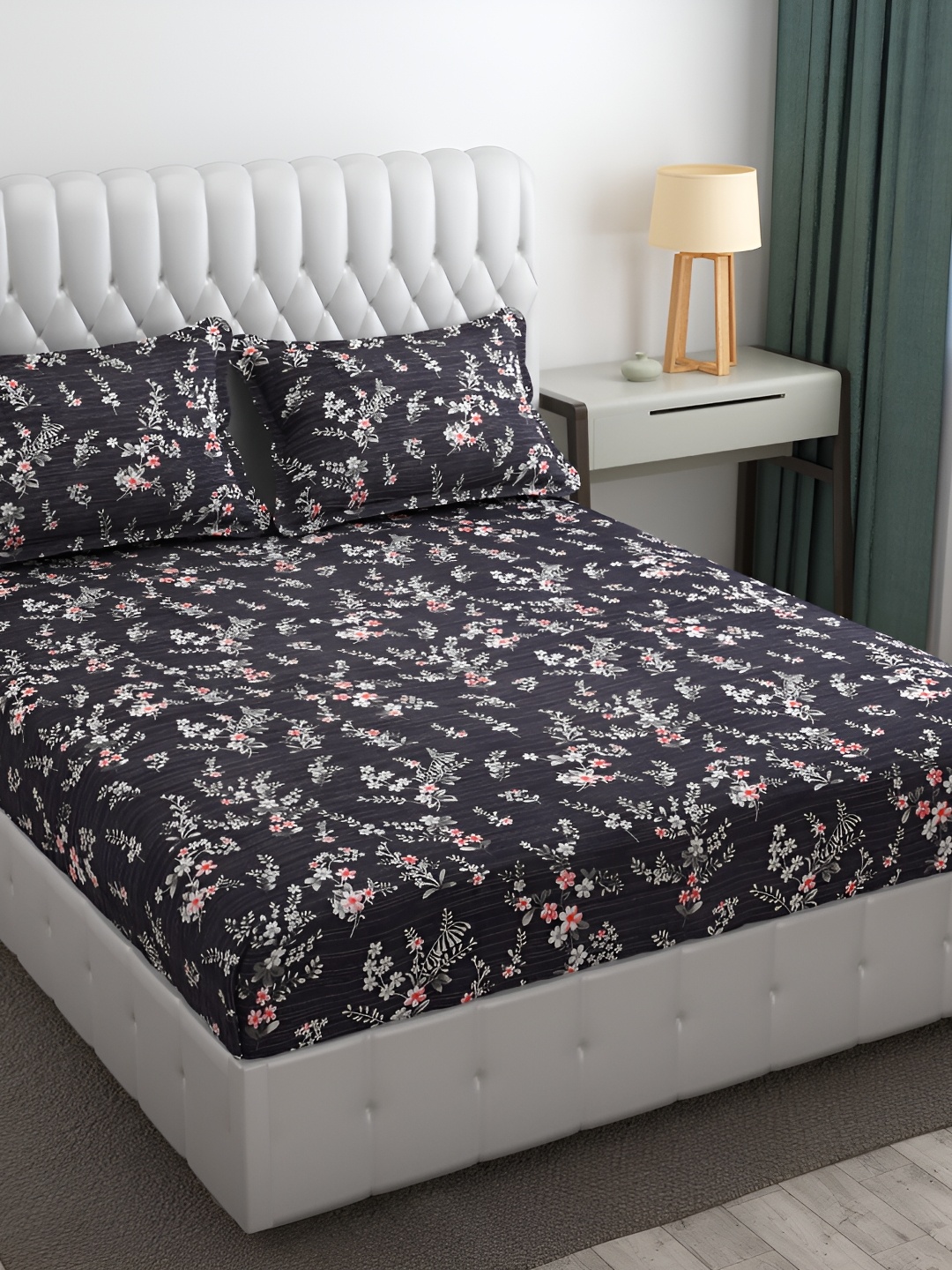 

Furnistitchs Grey & Green Floral 300 TC Fitted King Bedsheet With 2 Pillow Covers