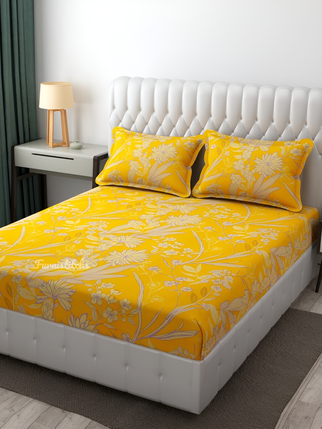 

Furnistitchs Yellow & Grey Floral 300 TC Fitted King Bedsheet With 2 Pillow Covers