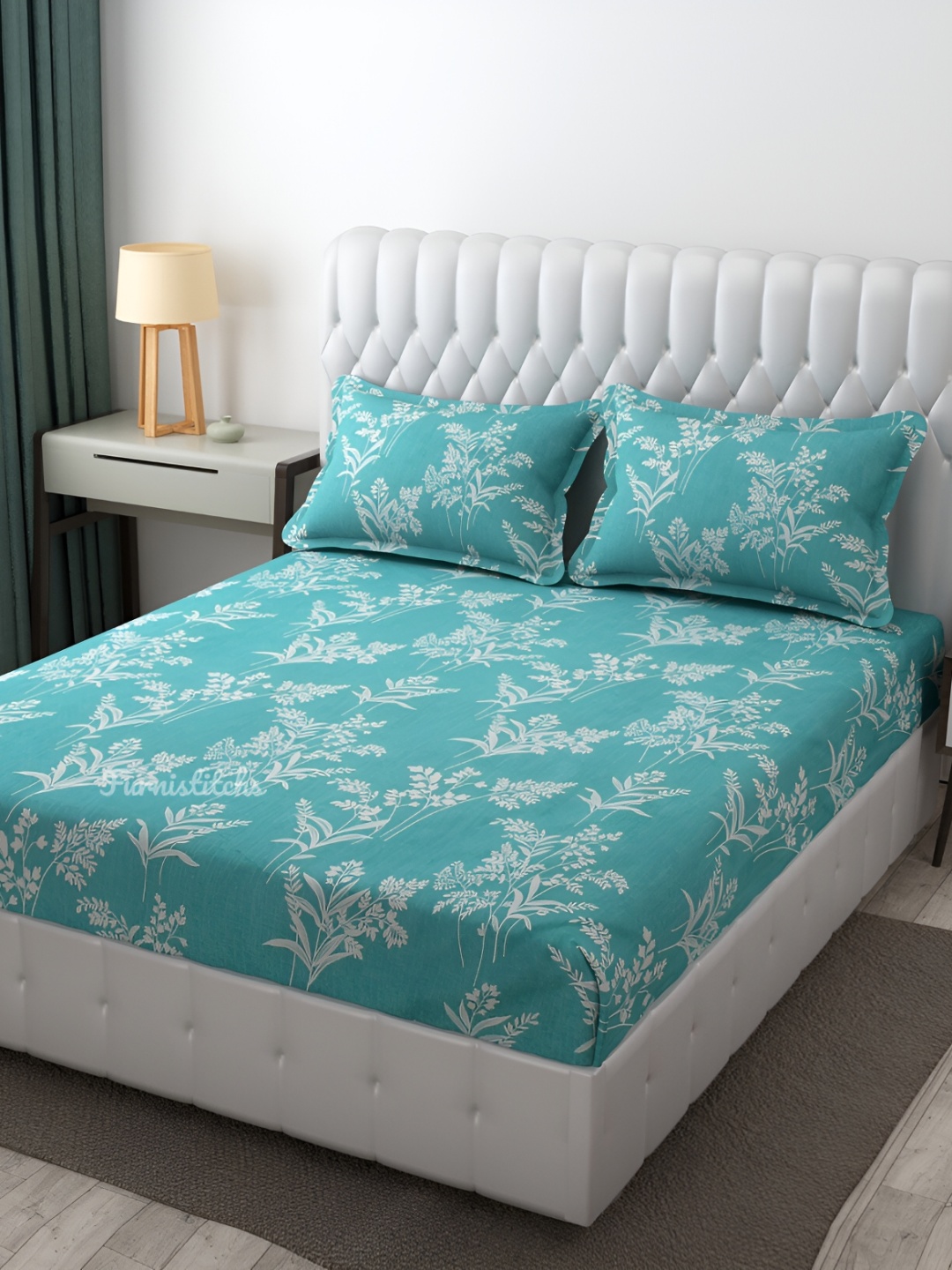 

Furnistitchs Sea Green & White Floral 300 TC Fitted King Bedsheet With 2 Pillow Covers