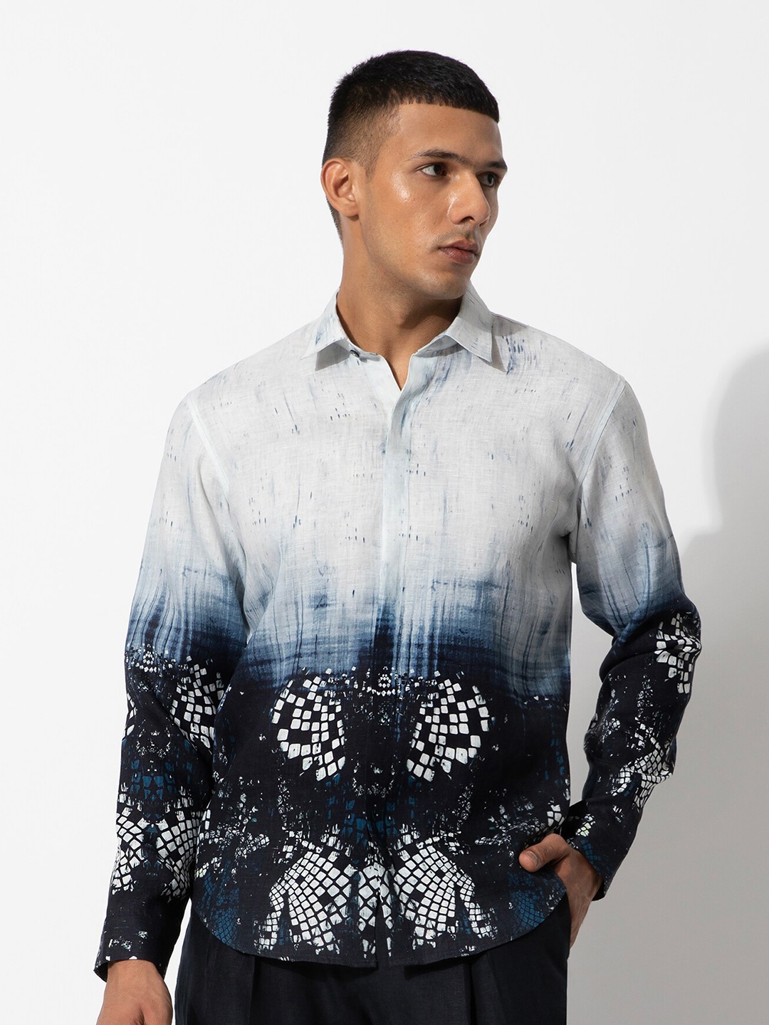 

Rohit Gandhi + Rahul Khanna Comfort Printed Linen Casual Shirt, Blue