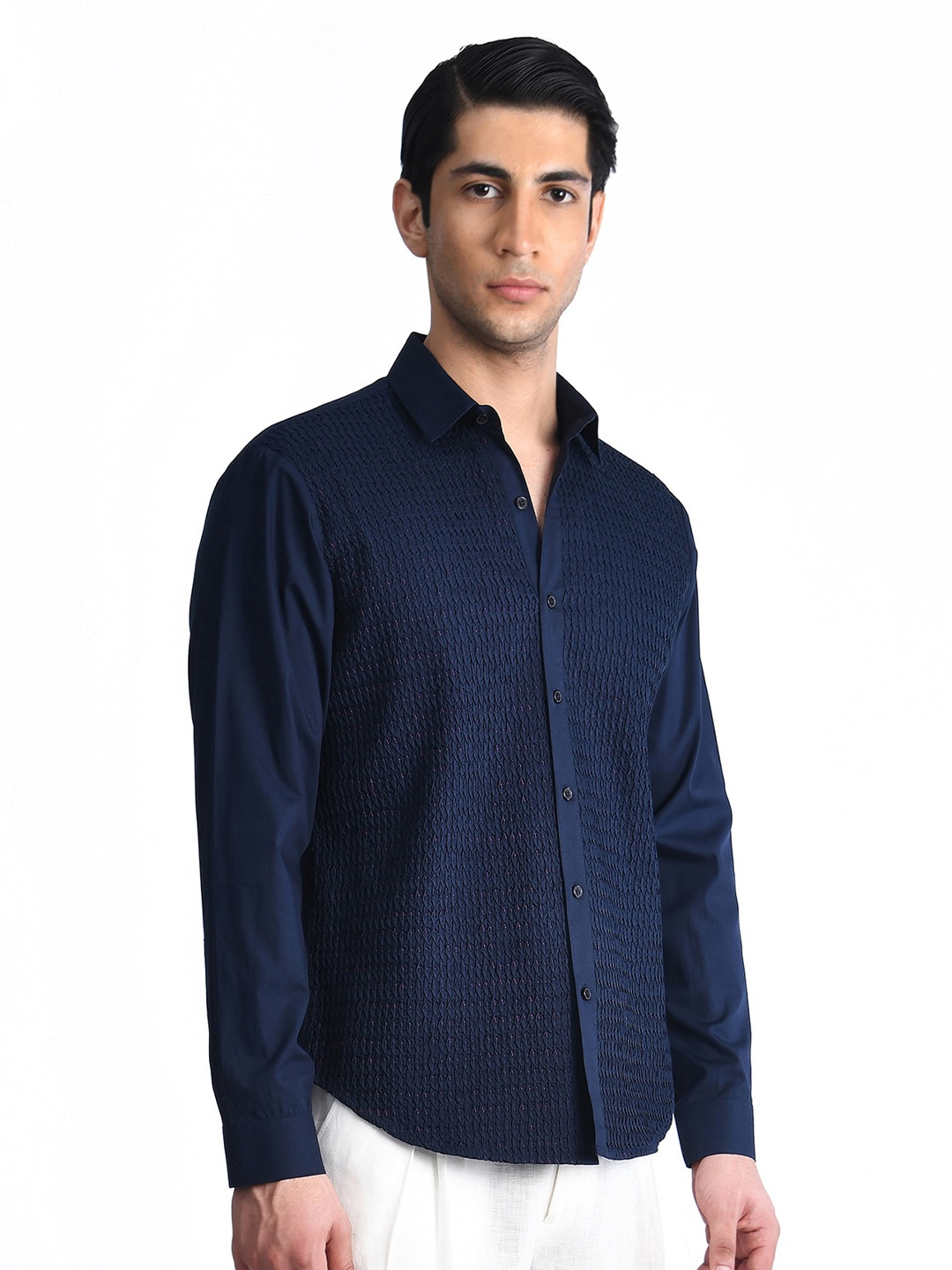 

Rohit Gandhi + Rahul Khanna Comfort Opaque Textured Self Design Cotton Casual Shirt, Navy blue