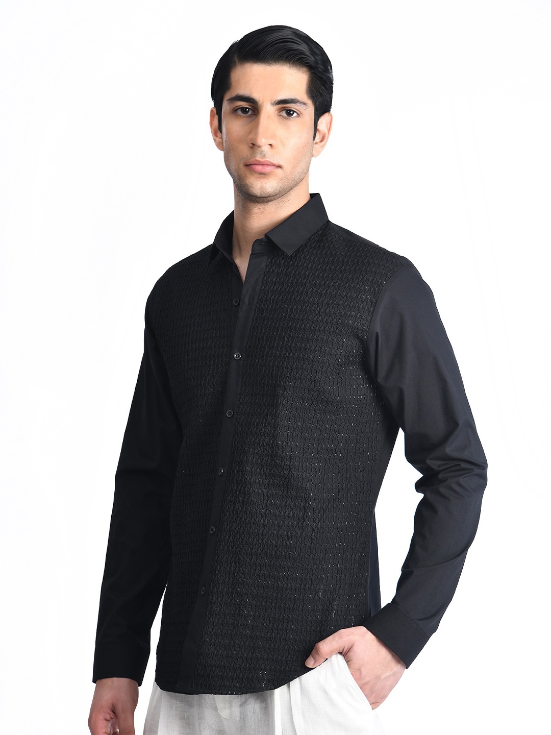 

Rohit Gandhi + Rahul Khanna Comfort Textured Cotton Casual Shirt, Black