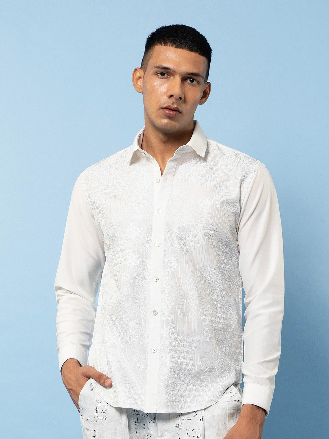 

Rohit Gandhi + Rahul Khanna Comfort Ethnic Motifs Embroidered Cotton Casual Shirt, White