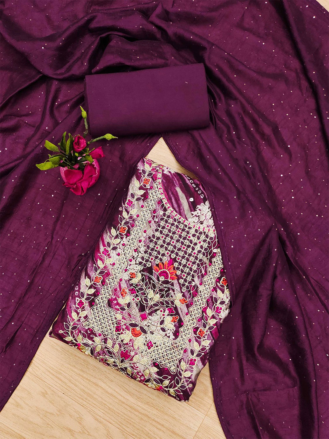 

KALINI Floral Embroidered Unstitched Dress Material, Purple