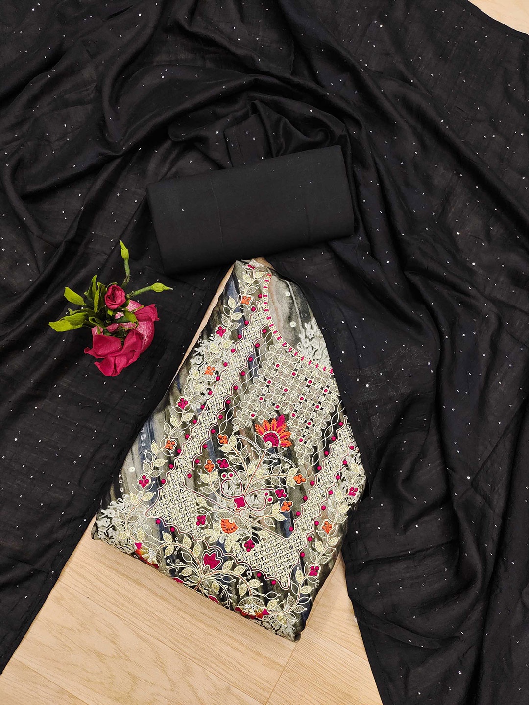 

KALINI Floral Embroidered Unstitched Dress Material, Black