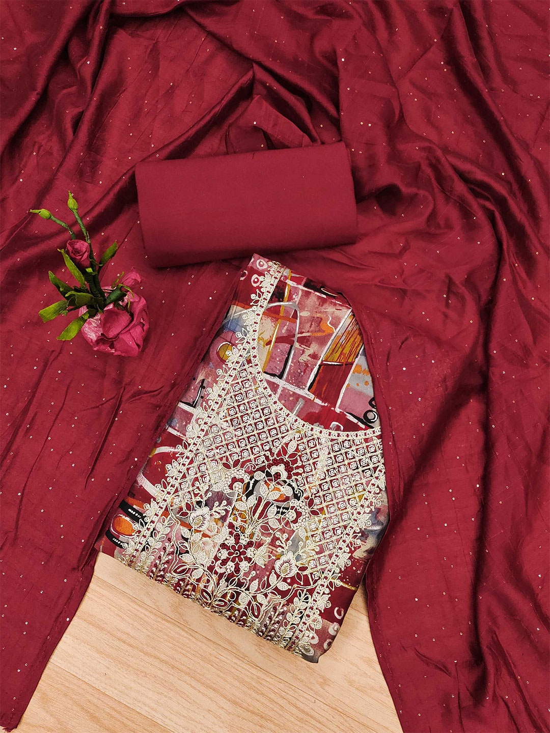 

KALINI Floral Embroidered Unstitched Dress Material, Maroon