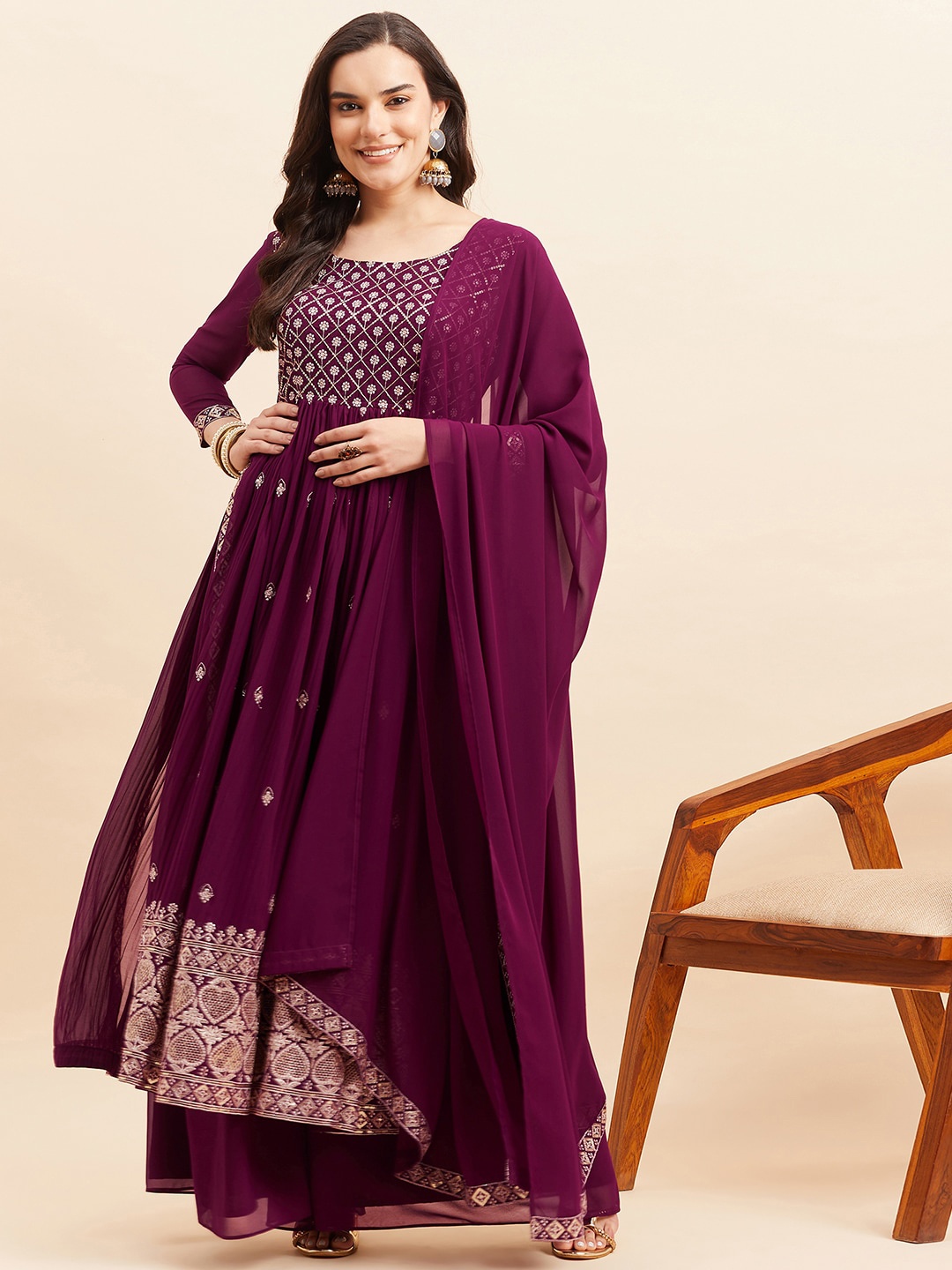 

KALINI Ethnic Motifs Embroidered Sequinned Georgette Kurta With Palazzos & Dupatta, Burgundy