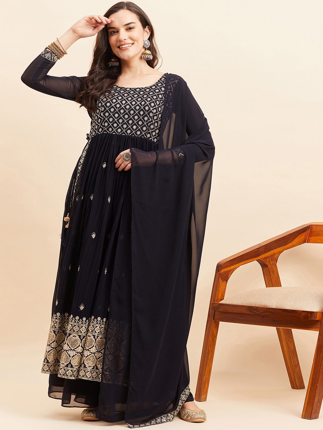 

KALINI Ethnic Motifs Embroidered Sequinned Nayra Cut Kurta With Palazzos & Dupatta, Navy blue