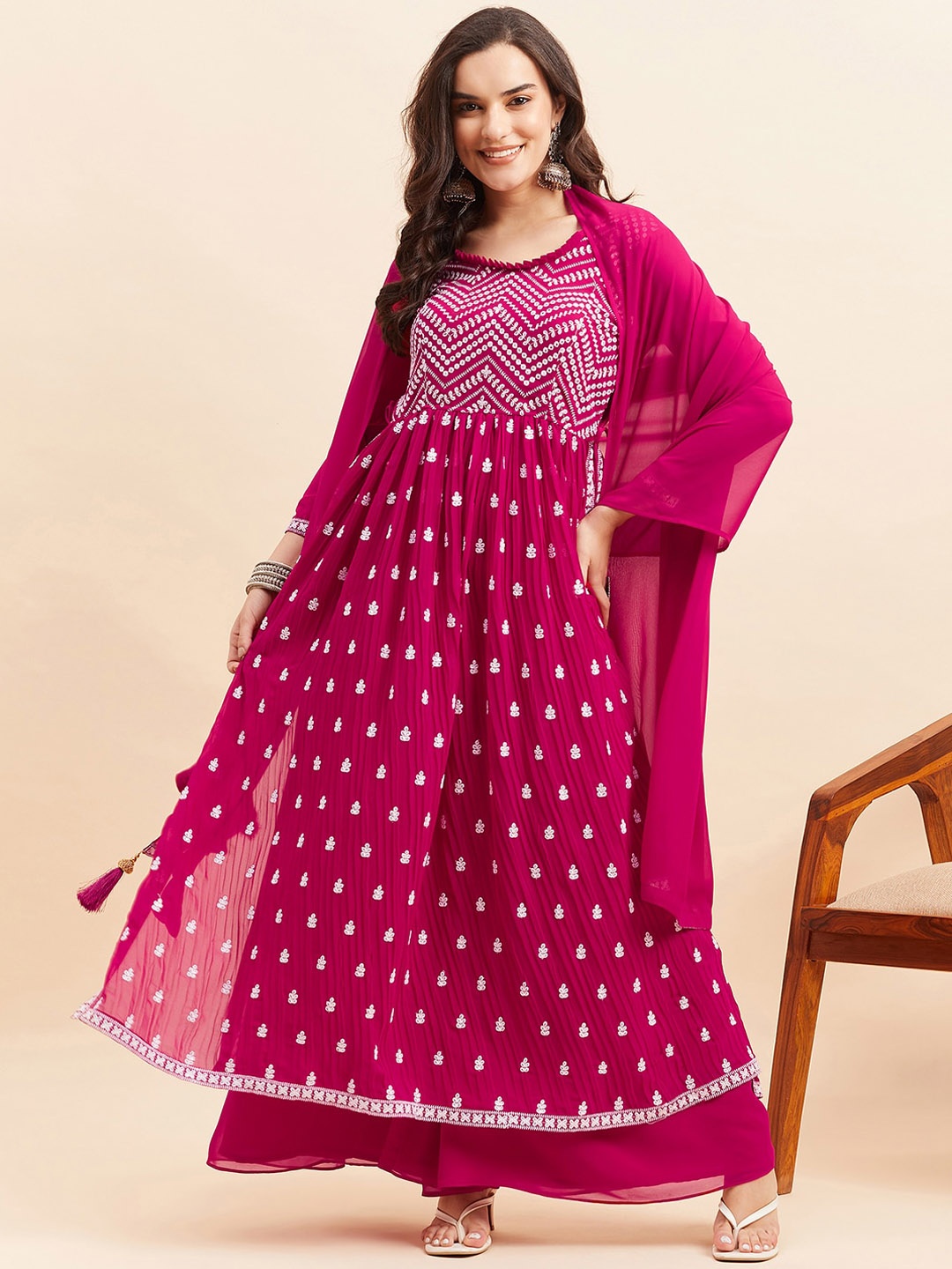 

KALINI Ethnic Motifs Embroidered Sequinned Nayra Cut Kurta With Palazzos & Dupatta, Pink