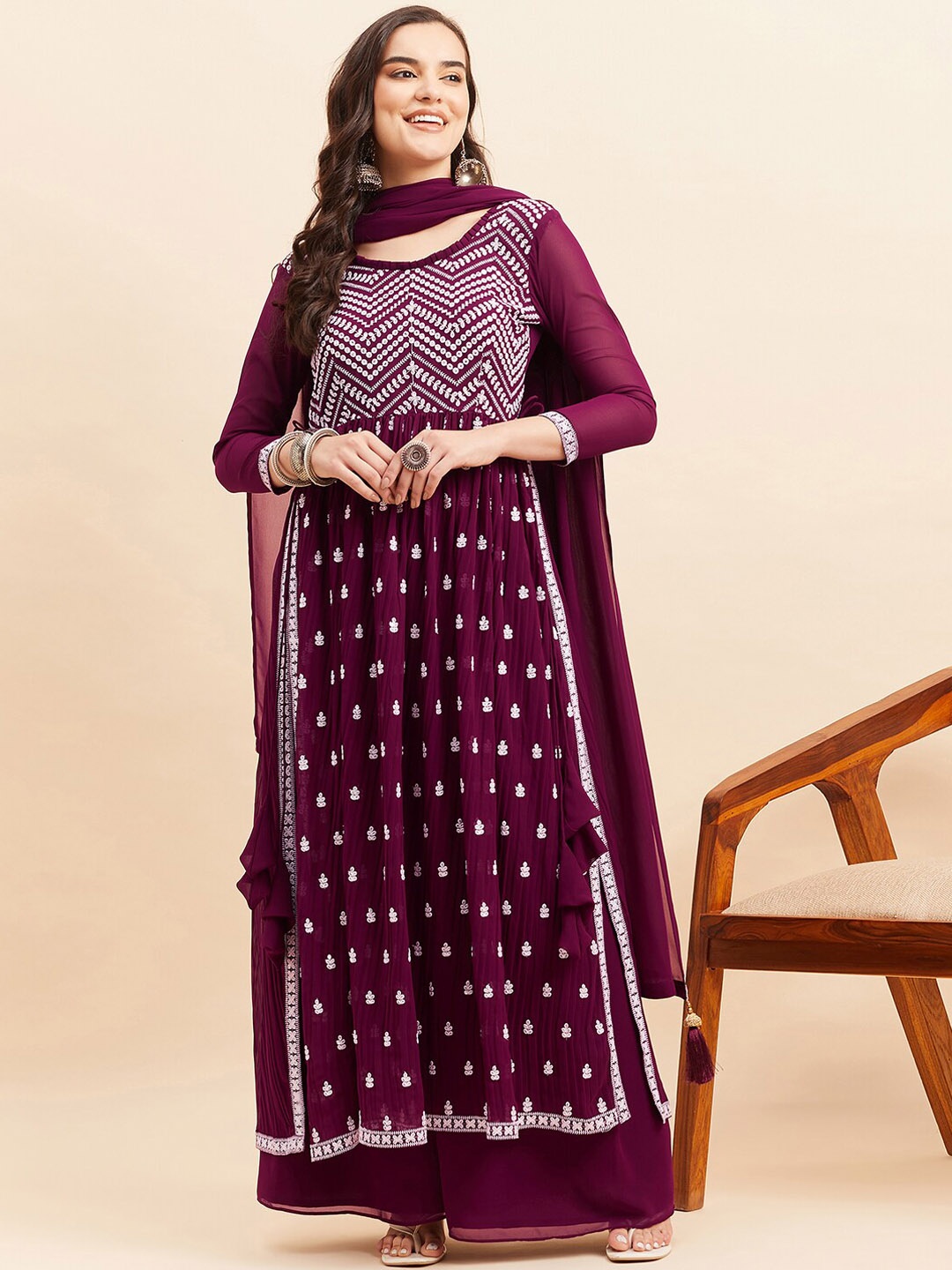 

KALINI Ethnic Motifs Embroidered Sequinned Nayra Cut Kurta With Palazzos & Dupatta, Burgundy