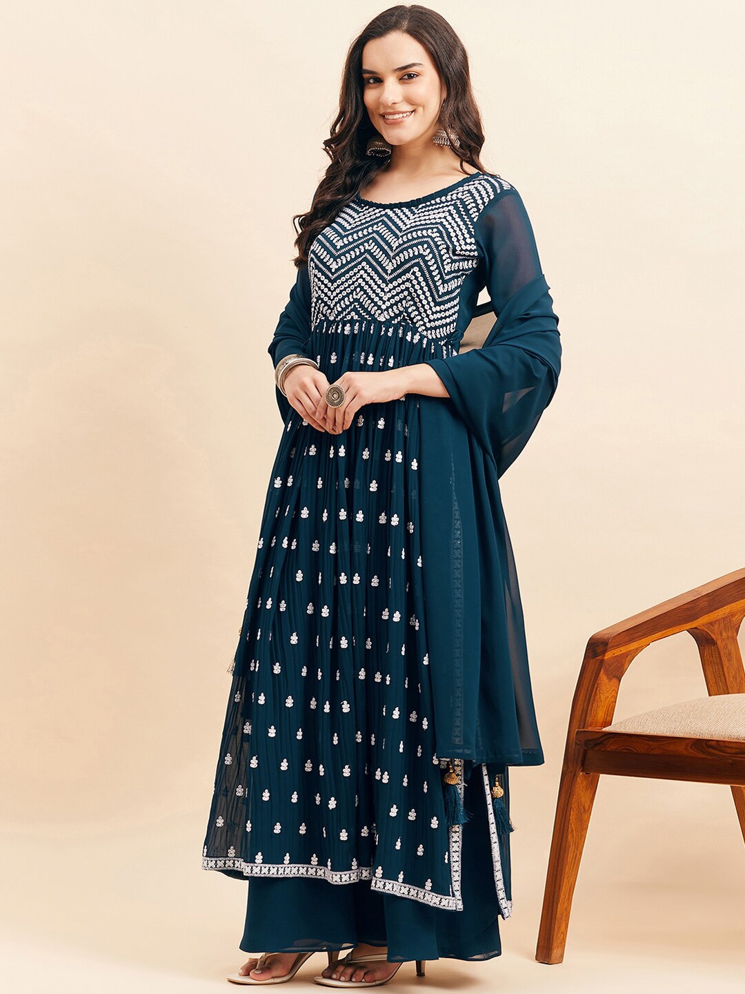 

KALINI Ethnic Motifs Embroidered Sequinned Nayra Cut Kurta With Palazzos & Dupatta, Teal