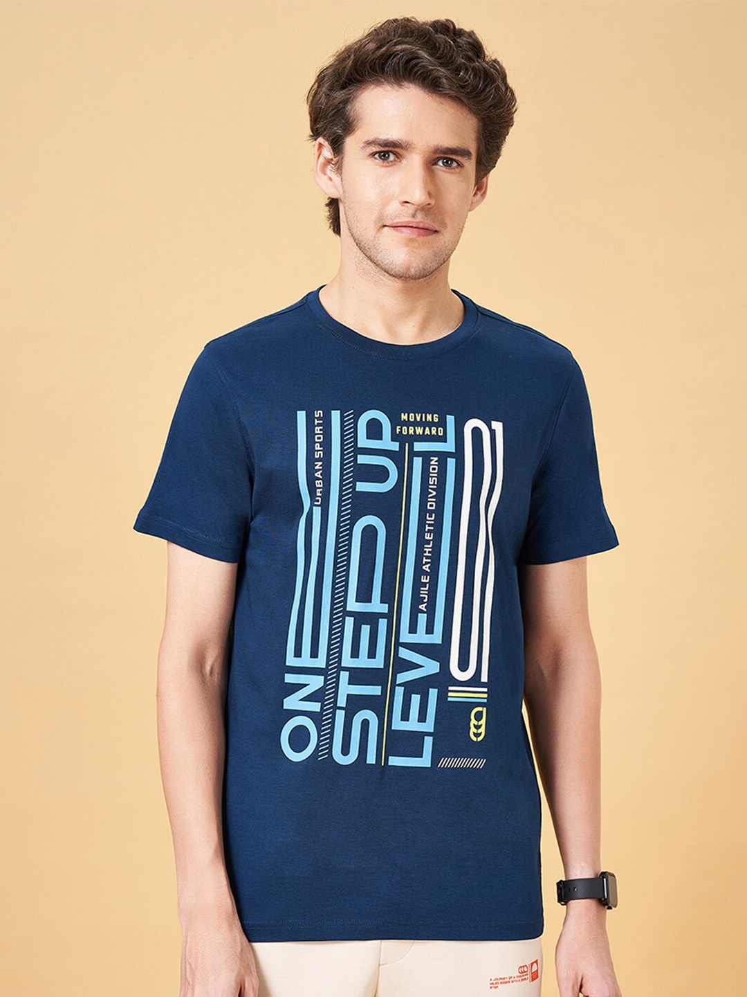 

Ajile by Pantaloons Typography Printed Pure Cotton Slim Fit T-shirt, Blue