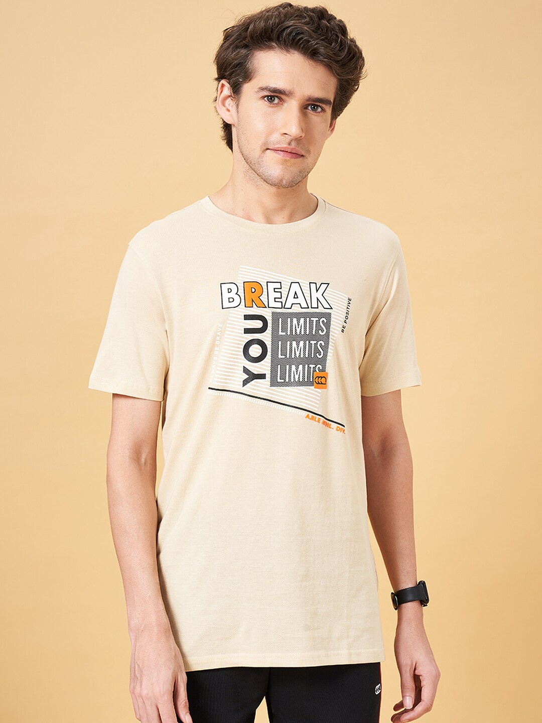 

Ajile by Pantaloons Typography Printed Cotton Slim Fit T-shirt, Beige