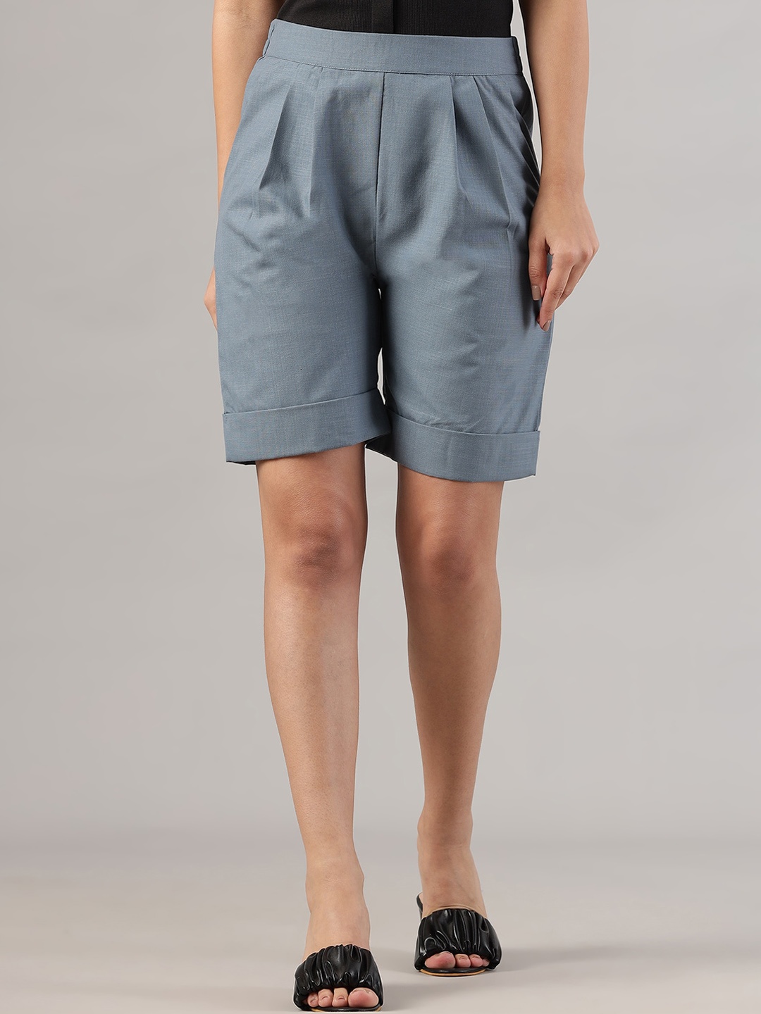 

FITHUB Women Loose Fit High-Rise Cotton Regular Shorts, Blue