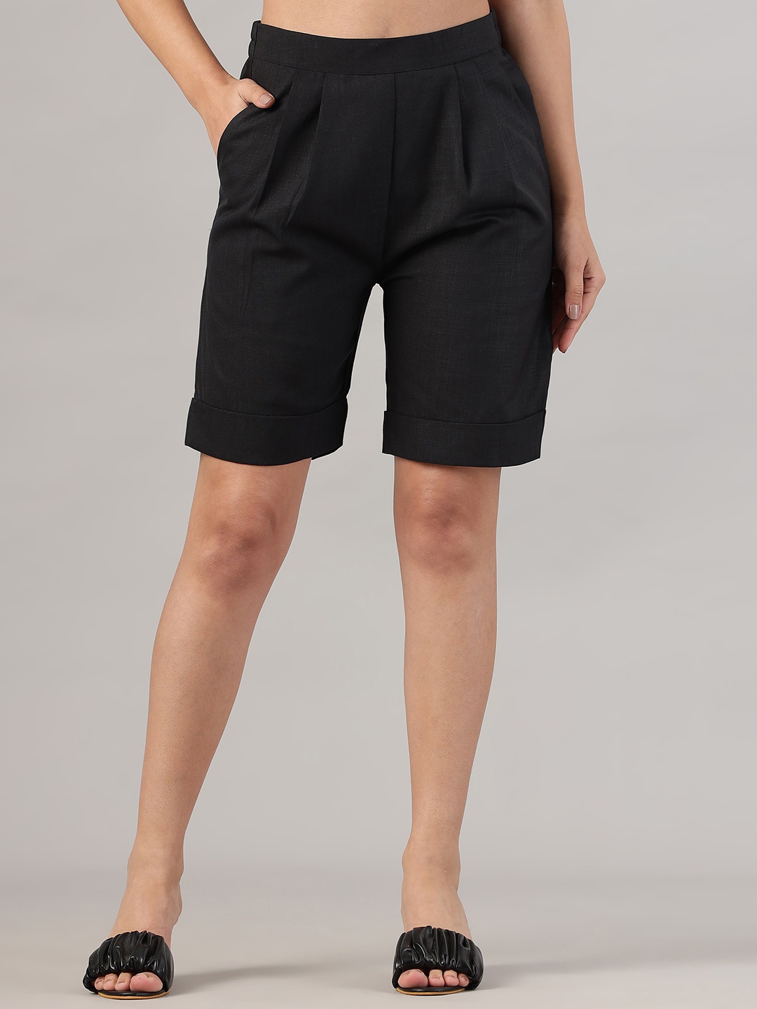 

FITHUB Women Loose Fit High-Rise Cotton Regular Shorts, Black