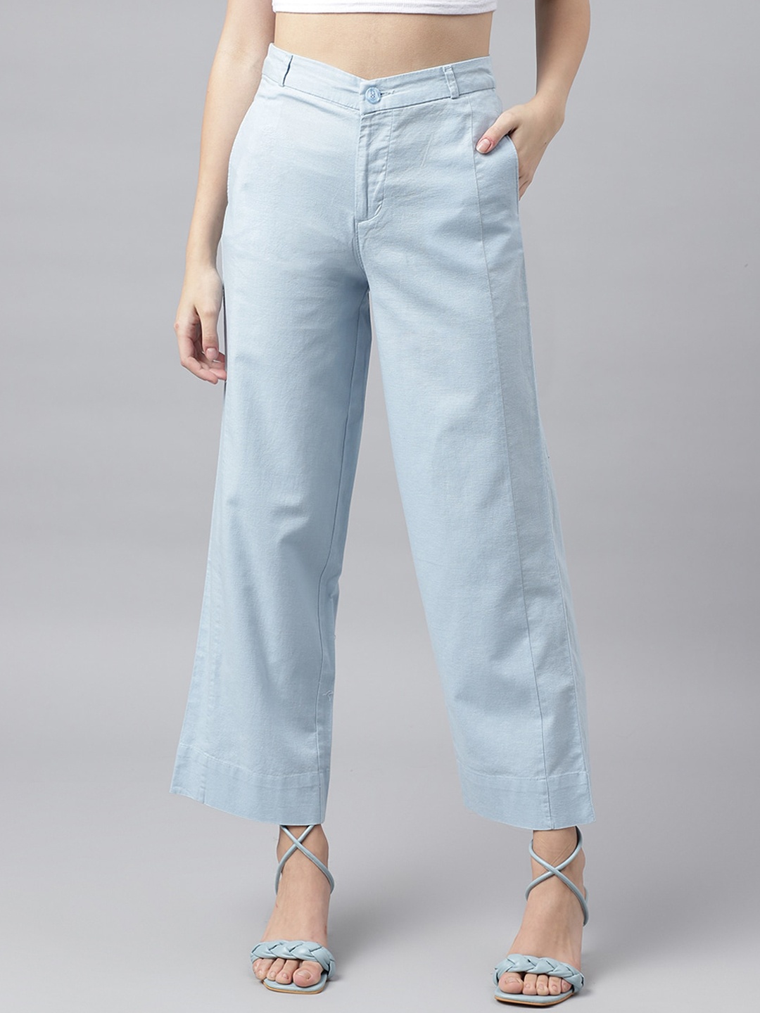 

Xpose Women Comfort Fit Cropped Linen Cotton Trousers, Blue
