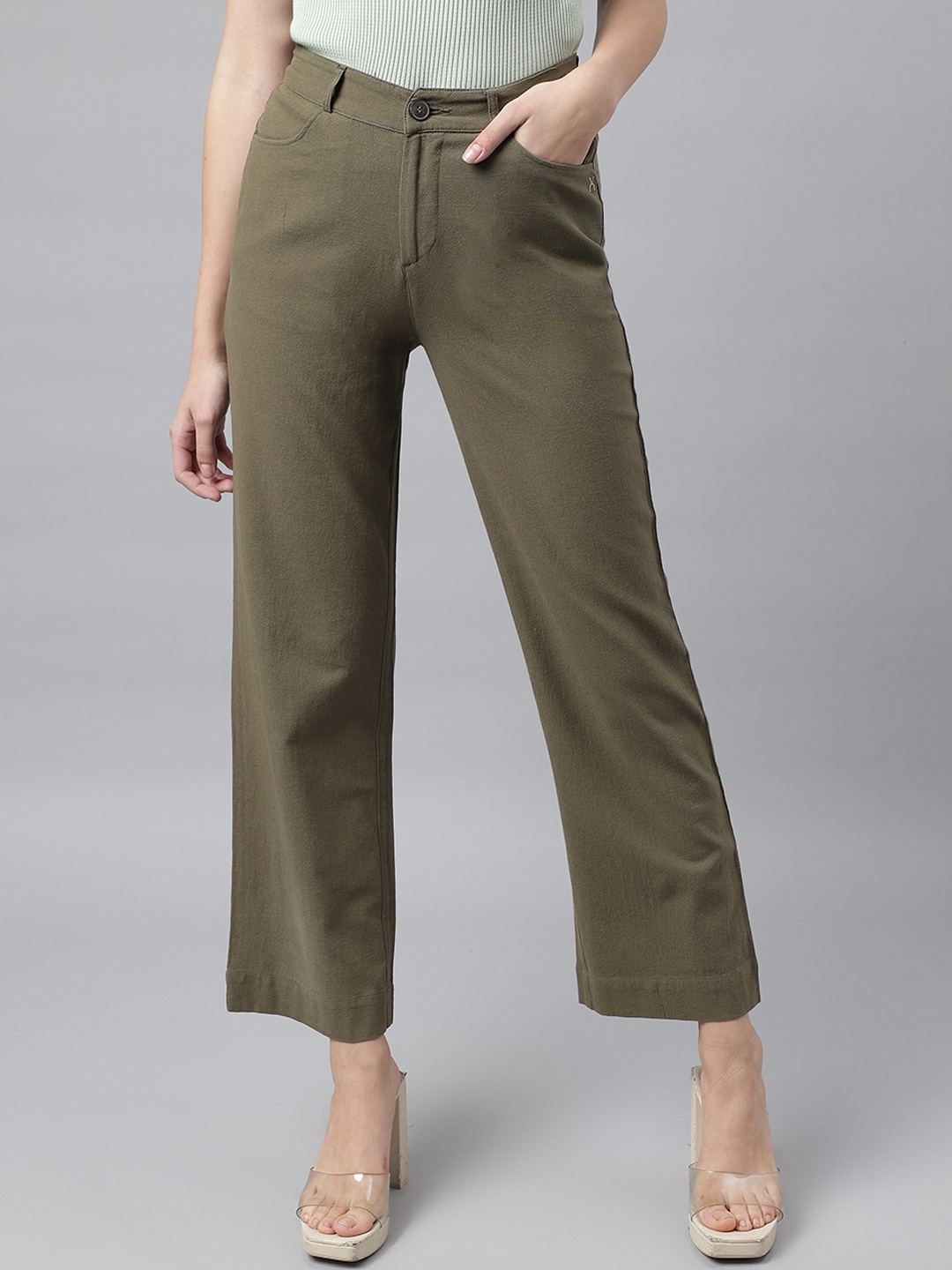 

Xpose Women Comfort Flared Fit Cropped Pure Cotton Trousers, Olive