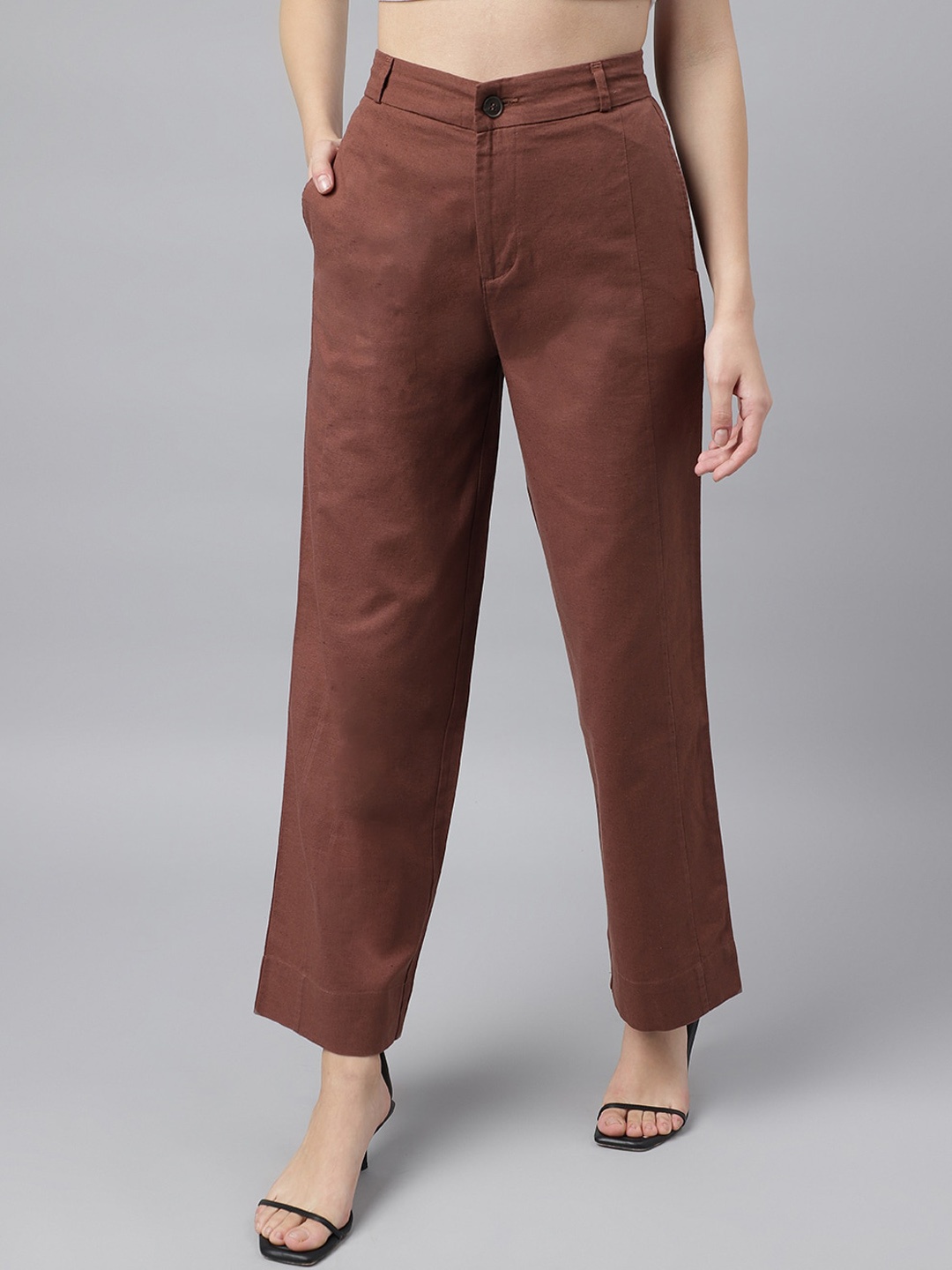 

Xpose Women Comfort Cropped Linen Cotton Trousers, Brown