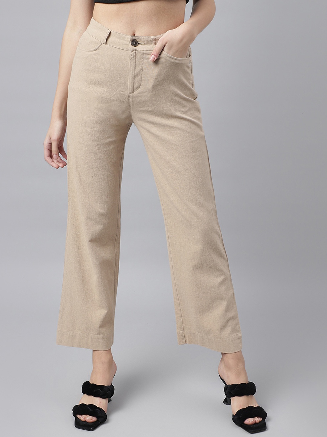 

Xpose Women Comfort Flared Fit Cropped Pure Cotton Trousers, Brown