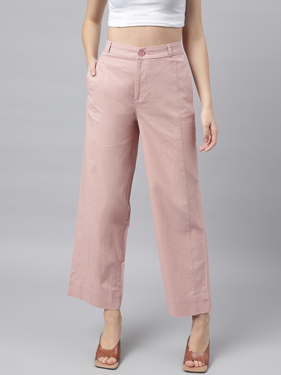 

Xpose Women Comfort High-Rise Linen Cotton Parallel Trousers, Pink