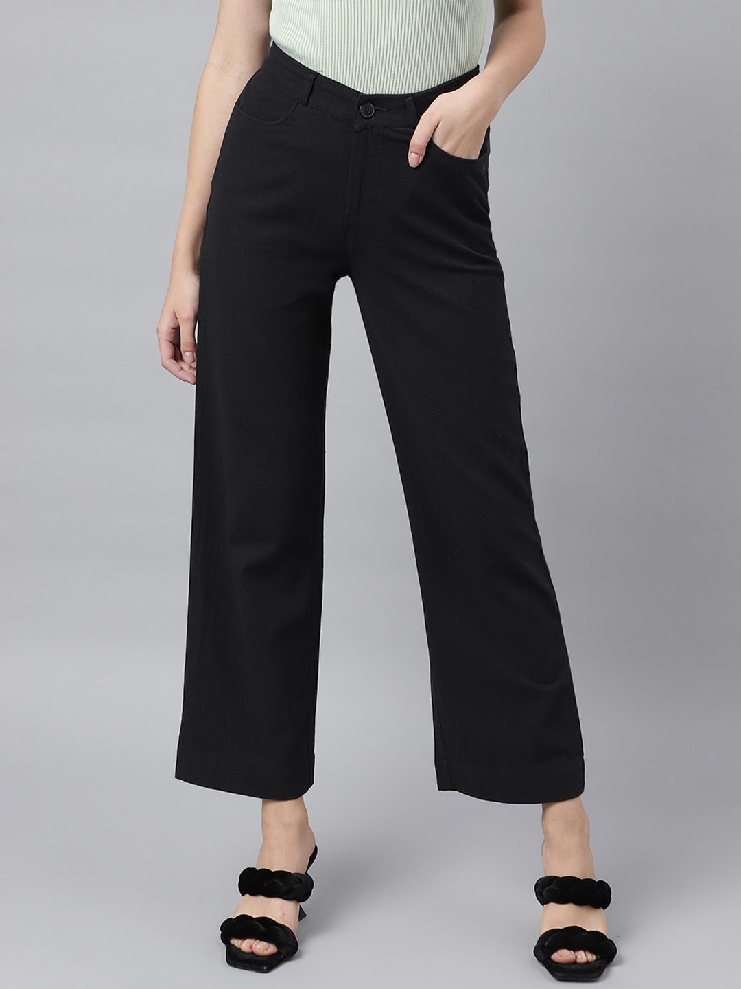 

Xpose Women Comfort Flared High-Rise Cropped Pure Cotton Parallel Trousers, Black