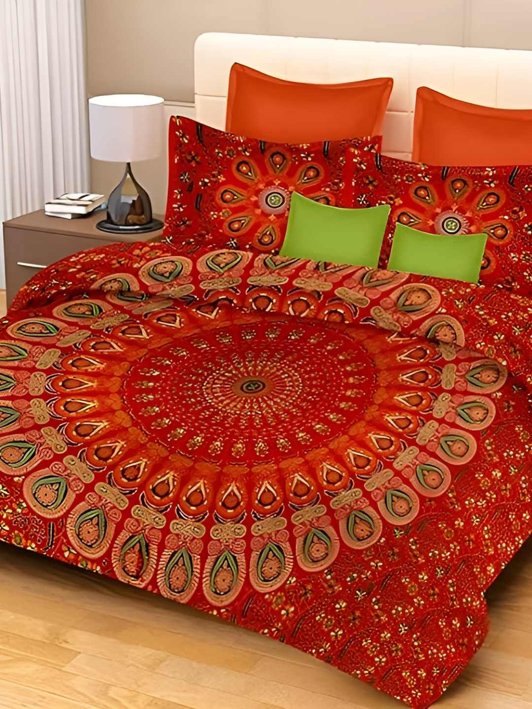 

PURINA'S Red & Green Ethnic Motifs Cotton 210 TC King Bedsheet With 2 Pillow Covers