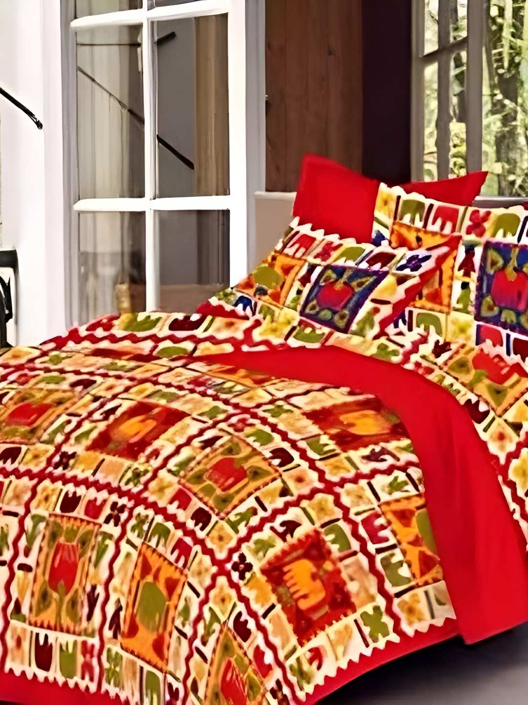 

PURINA'S Yellow & Red Ethnic Motifs 210 TC King Bedsheet With 2 Pillow Covers