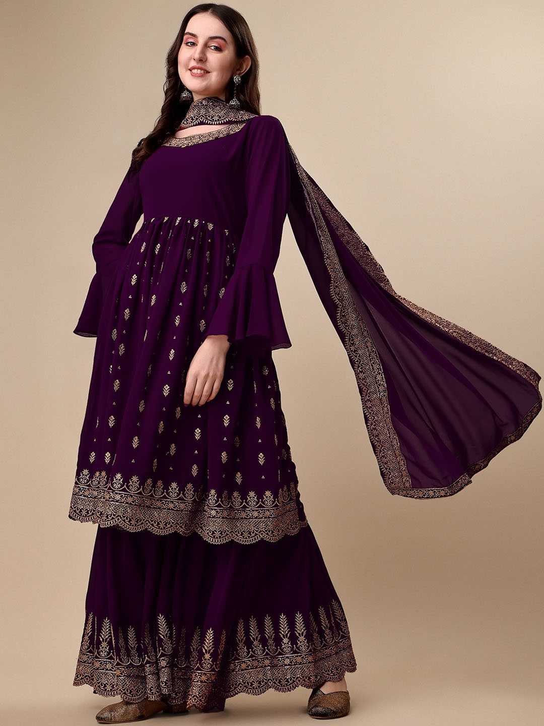 

Vaidehi Fashion Floral Embroidered Empire Sequinned Georgette Kurta With Sharara & Dupatta, Purple