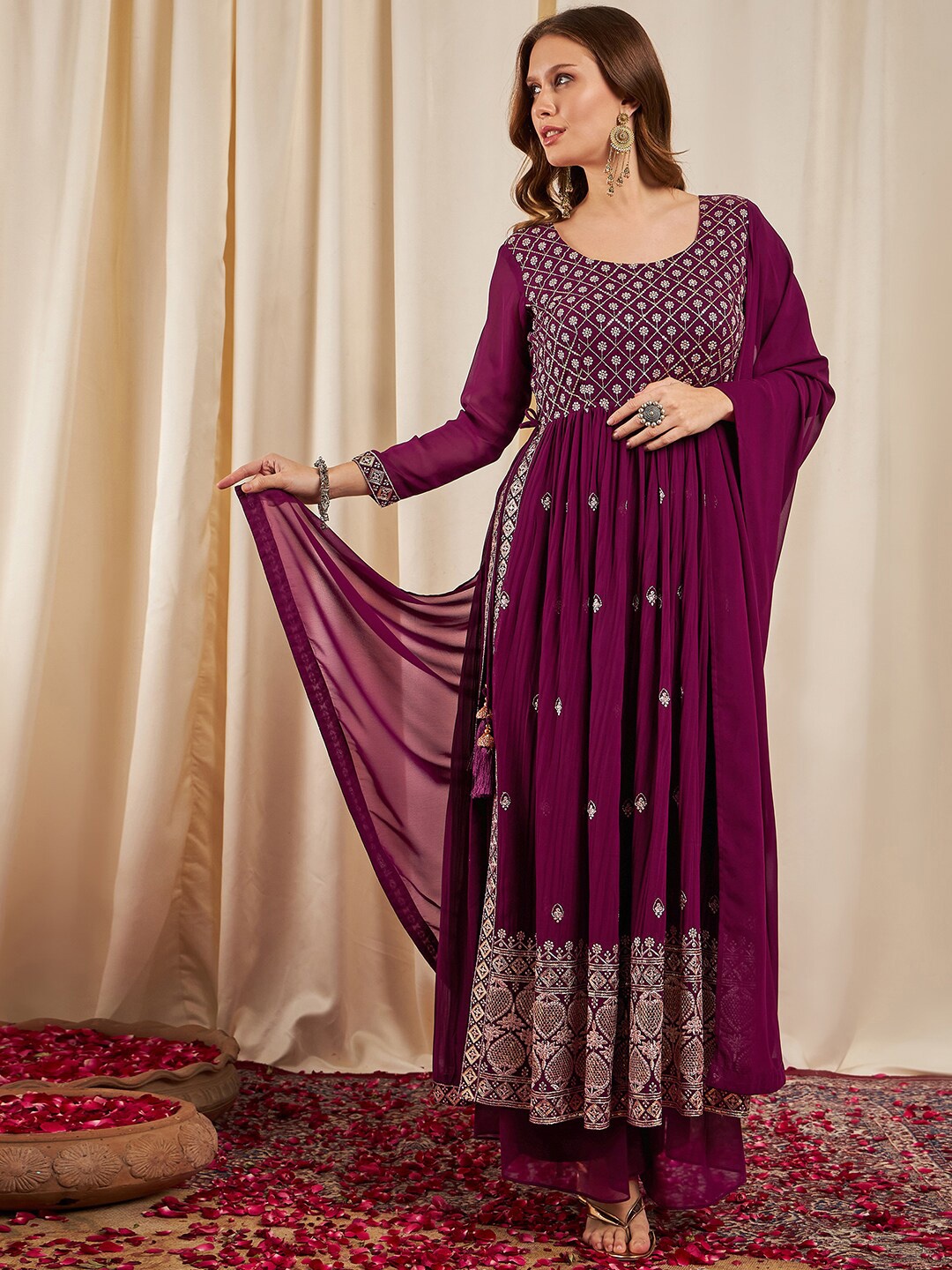 

BLACK SCISSOR Ethnic Motifs Embroidered Empire Sequinned Kurta With Palazzos & Dupatta, Burgundy