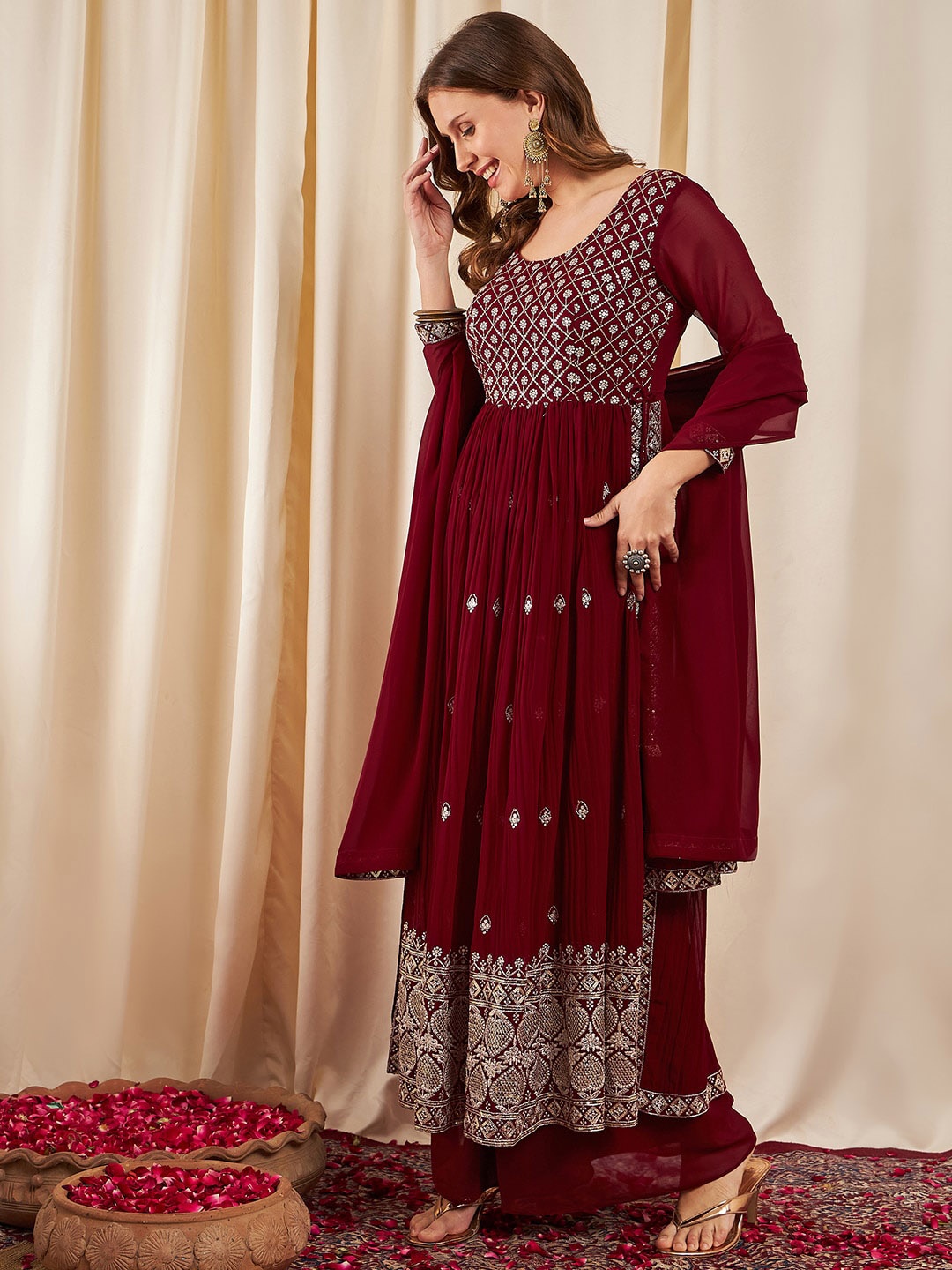 

BLACK SCISSOR Ethnic Motifs Embroidered Empire Sequinned Kurta With Palazzos & Dupatta, Maroon