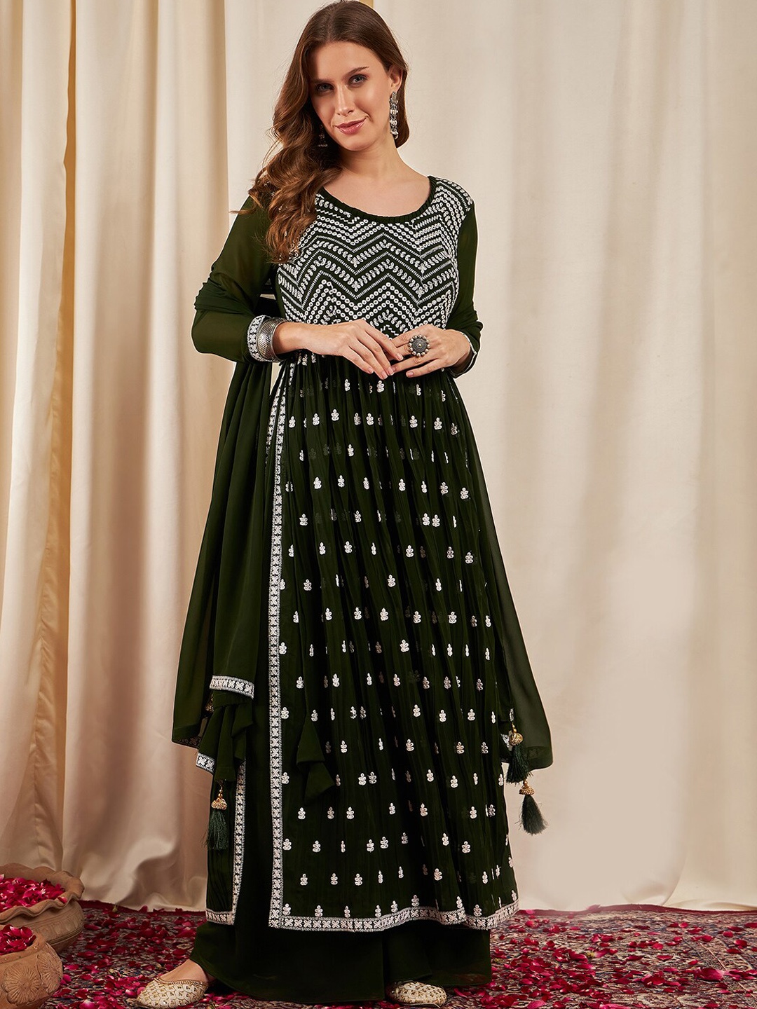 

BLACK SCISSOR Ethnic Motifs Embroidered Sequinned Georgette Kurta With Palazzos & Dupatta, Olive