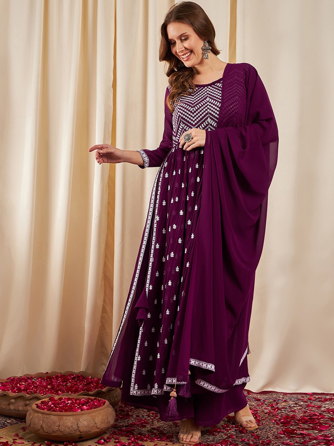 

BLACK SCISSOR Ethnic Motifs Embroidered Sequinned Georgette Kurta With Palazzos & Dupatta, Burgundy