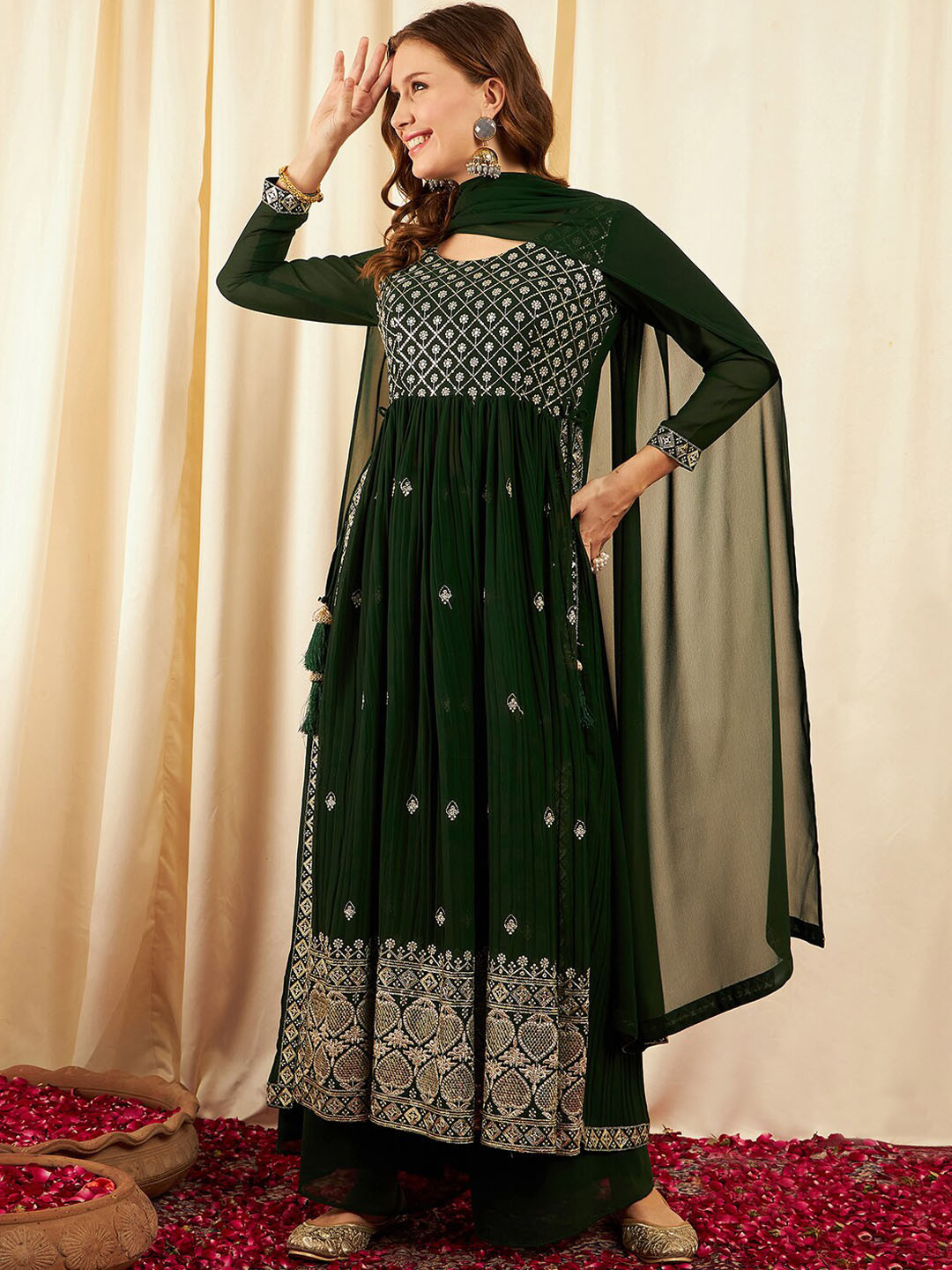 

BLACK SCISSOR Ethnic Motifs Embroidered Sequinned Georgette Kurta With Palazzos & Dupatta, Green