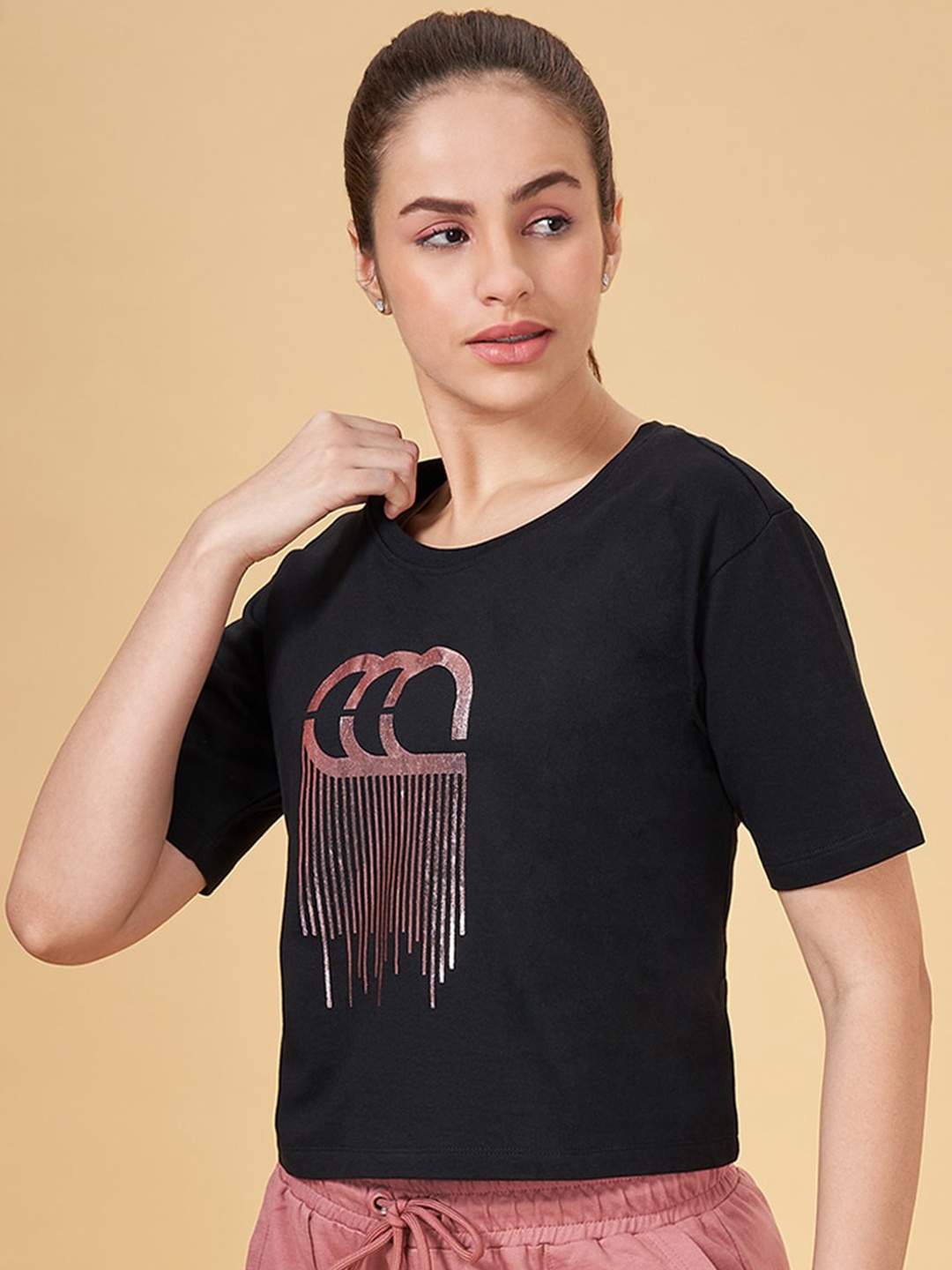 

Ajile by Pantaloons Graphic Printed Round Neck Short Sleeves Cotton Oversized T-shirt, Black