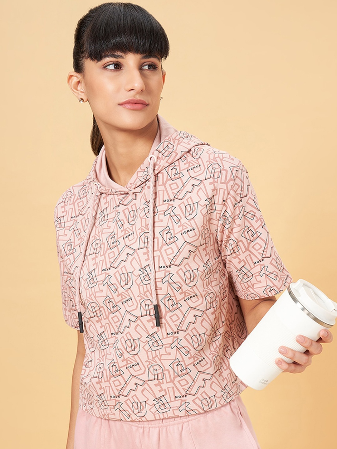 

Ajile by Pantaloons Typography Printed Hooded Short Sleeves Cotton Oversized T-shirt, Pink